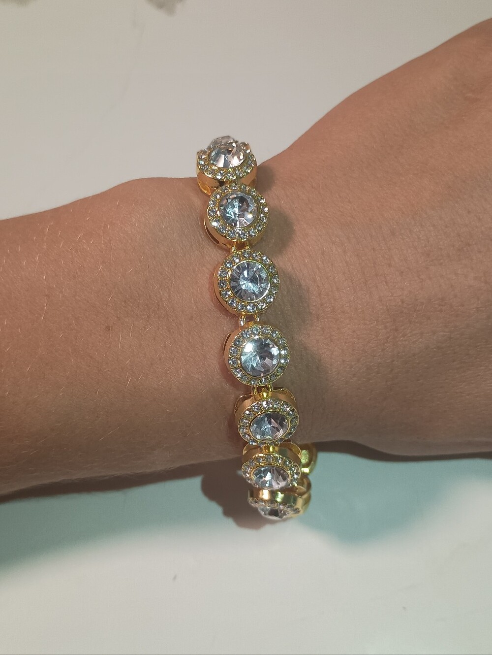 Iced Out Gold Halo Tennis Bracelet Bling Round Crystal Rhinestone Statement Y2K